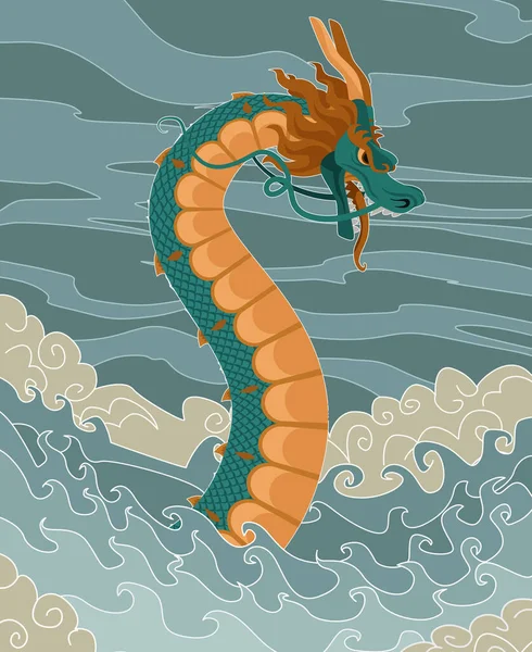 Denizde Eski Bir Çin Ejderhası — Stok Vektör