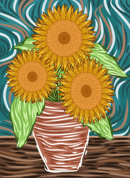 impressionist sunflower flowers and leaves vase