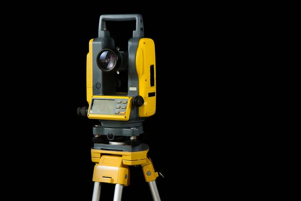 Theodolite Estação Posicionamento Total Tripé Equipamento Agrimensura Isolado Fundo Preto — Fotografia de Stock