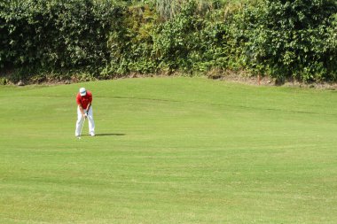 Golf sahasında golf oynayan adam.