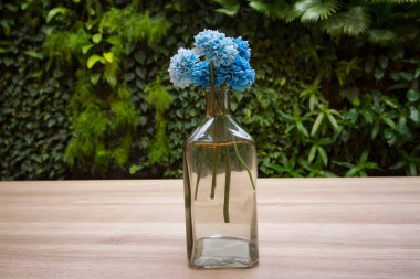 Arka planda bulanık yeşil bitki örtüsü olan cam şişedeki yapay çiçek.