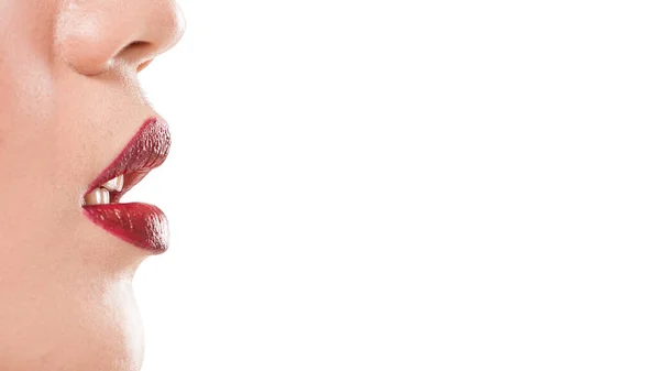 Zbliżenie Pięknej Młodej Kobiety Zdrowe Czerwone Usta Koncepcja Pielęgnacji Skóry — Zdjęcie stockowe
