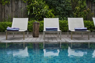 Güverte sandalyesi ve yeşil dikey bahçeli yüzme havuzu
