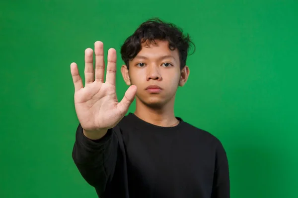 Försvara Eller Stoppa Gester Asiatisk Man Hand Med Stop Gest — Stockfoto