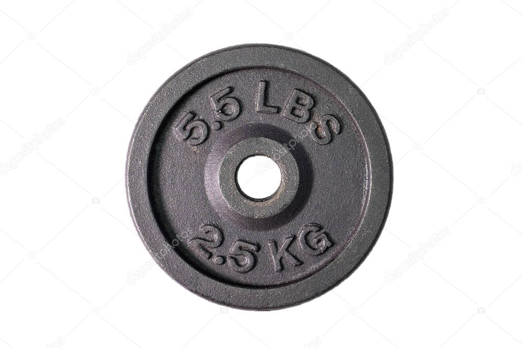 Weight for sport isolated on white background. Gym equipment 2.5 kilograms. Black metal barbell tool plate for exercise and fitness. Dumbbell heavy concept.