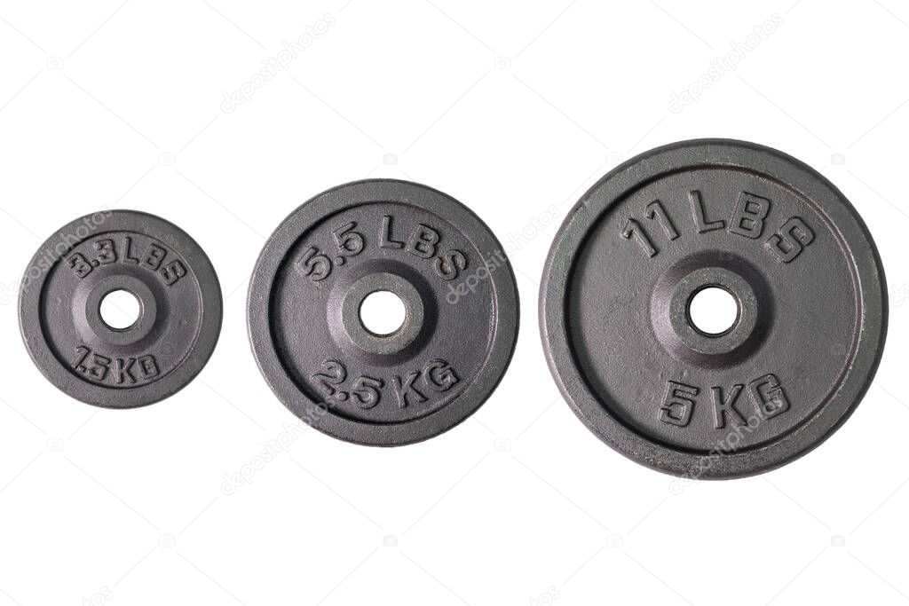 Weight for sport isolated on white background. Gym equipment 1.5, 2.5, 5 kilograms. Black metal barbell tool plate for exercise and fitness. Three dumbbell heavy concept.