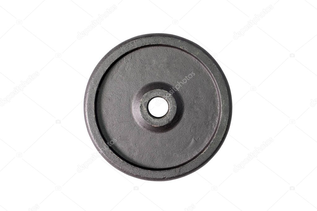 Weight for sport isolated on white background. Gym equipment kilograms. Black metal barbell tool plate for exercise and fitness. Dumbbell heavy concept.
