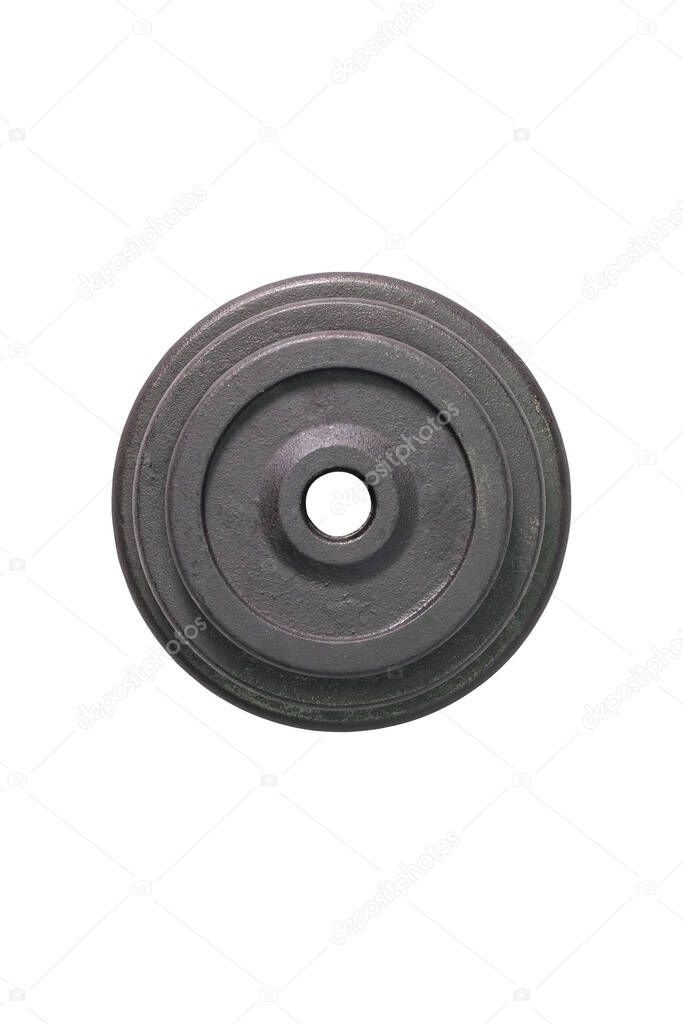 Weight for sport isolated on white background. Pile gym equipment. Black metal barbell tool plate for exercise and fitness. Dumbbell heavy concept.