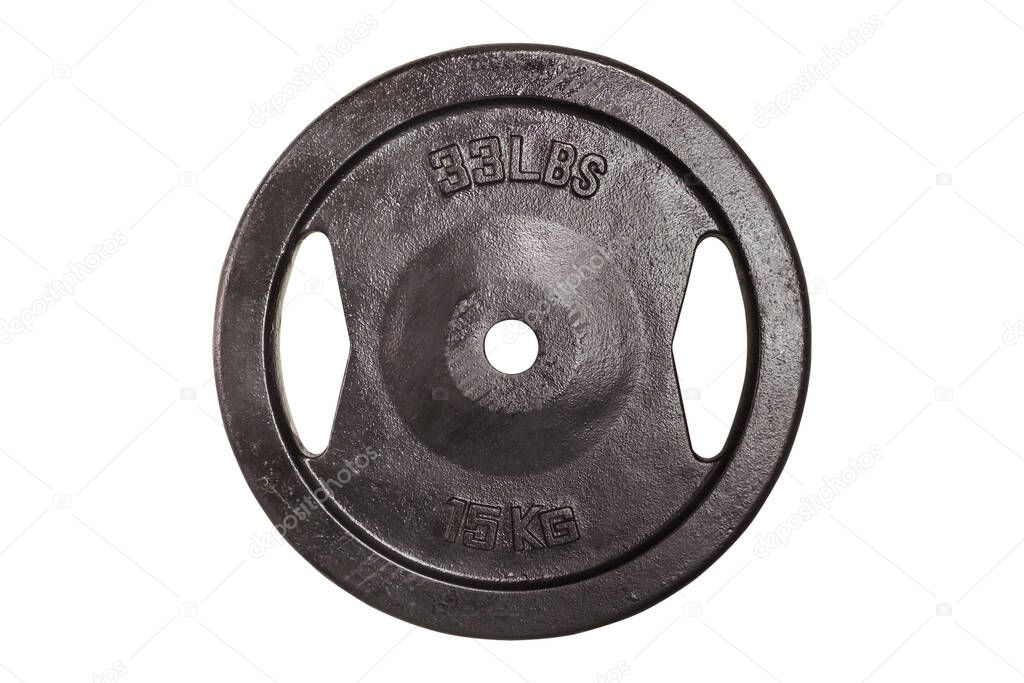 Weight for sport isolated on white background. Gym equipment 15 kilograms. Black metal barbell tool plate for exercise and fitness. Dumbbell heavy concept.