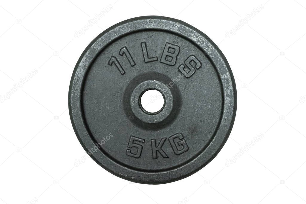 Weight for sport isolated on white background. Gym equipment 5 kilograms. Black metal barbell tool plate for exercise and fitness. Dumbbell heavy concept.