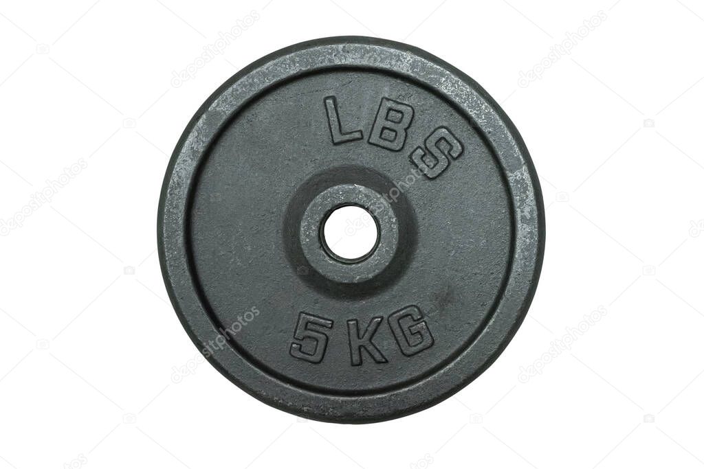 Weight for sport isolated on white background. Gym equipment 5 kilograms. Black metal barbell tool plate for exercise and fitness. Dumbbell heavy concept.