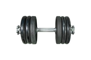 Beyaz arka planda izole edilmiş spor ağırlığı. Spor aletleri kilogramı, egzersiz ve spor için siyah metal halter plakası. Dumbbell ağır kavramı.