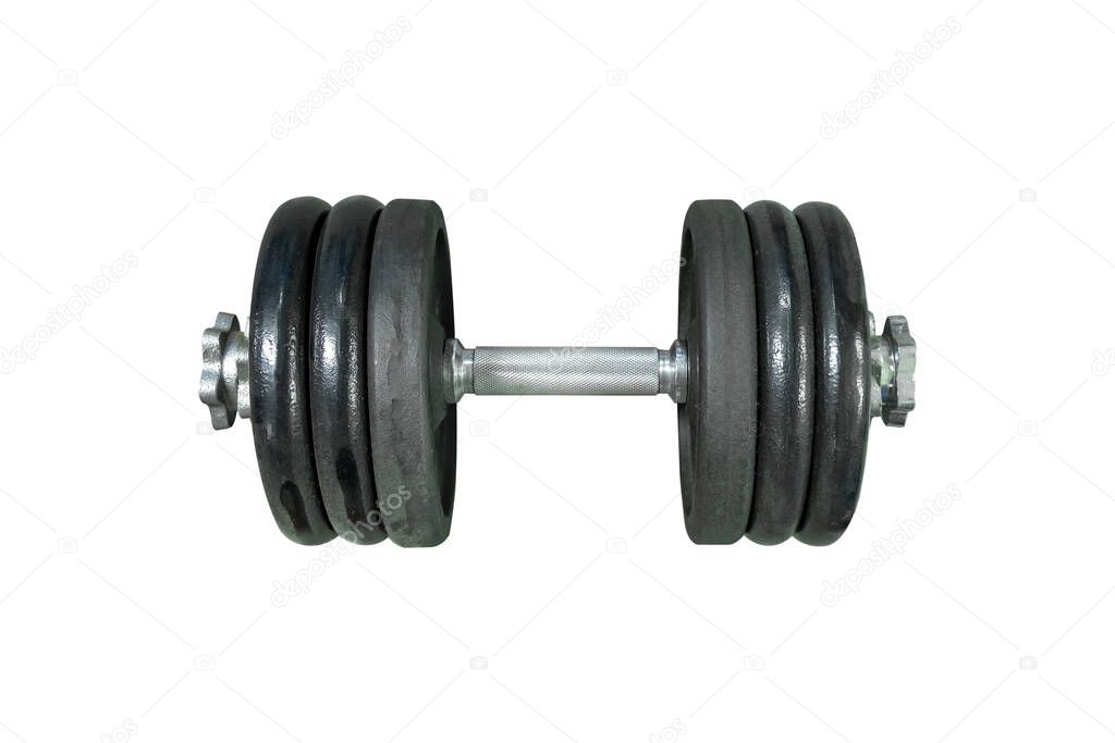 Weight for sport isolated on white background. Gym equipment kilograms, Black metal barbell tool plate for exercise and fitness. Dumbbell heavy concept.
