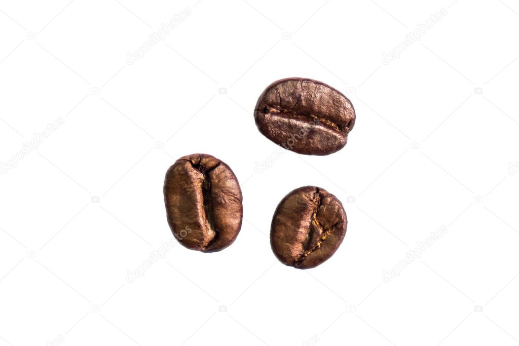 Closeup shot of coffee beans isolated on white background. Seed nature from above view. Group agriculture grain arabica. Photos from the top view.