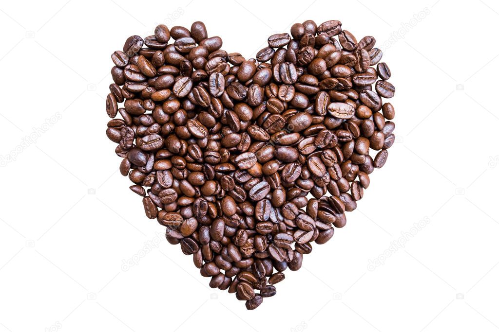 Closeup shot of heart shaped coffee beans isolated on white background. Seed nature from above view. Group agriculture grain arabica. Photos from the top view. Love Valentine concept.