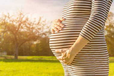 Çimlerin üzerinde duran ve hamile karnını manzaralı öğleden sonra ışığında tutan bir kadın.