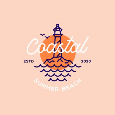 Coastal Beach logo tasarım şablonu üzerinde Vintage Lighthouse