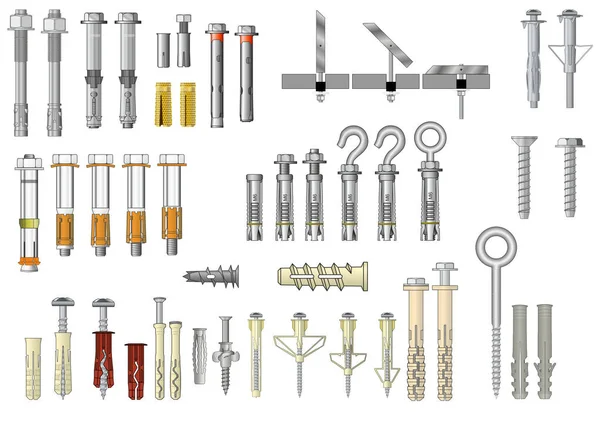 Coleção Fixadores Âncoras Expansão Metal Plugues Plástico —  Vetores de Stock