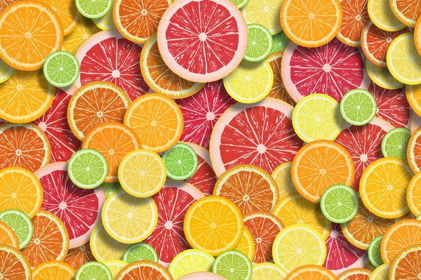 Dilimlenebilir turunçgiller, portakallar, limonlar, greyfurtlar, gölgeler ve 3D derinlik etkisi.