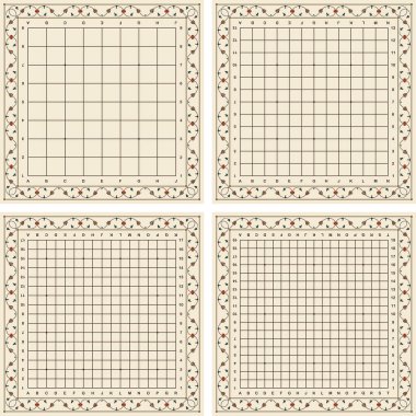 Goban (go game için tahta) - 4 tahta büyüklüğünde 9x9, 13x13, 17x17 ve 19x19 çiçek çerçeveli