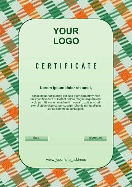 Diploma için kart çerçevesi, geleneksel tartan süslemeli sertifika yumuşak yeşil ve turuncu renkler