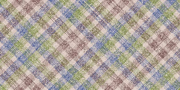 Yumuşak kahverengi arkaplan tartan süsü üzerinde mavi ve yeşil renklerden oluşan eski, pürüzsüz, dikişsiz, çapraz desenli, kayıp iplikleri olan tekstil deseni.