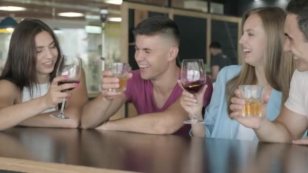 Φίλοι Κάθονται Ένα Μπαρ Και Πίνουν Αλκοόλ — Αρχείο Βίντεο