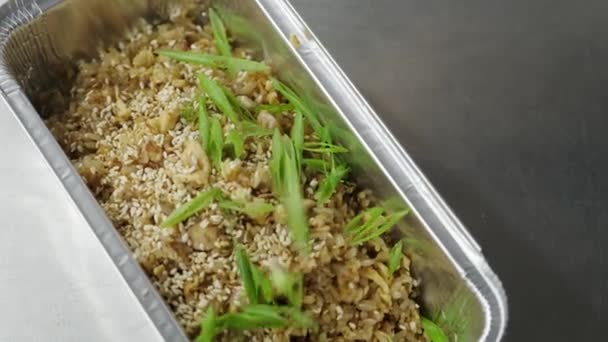 Plato Arroz Carne Envasados Tazón Decorado Con Cebollas Verdes — Vídeo de stock
