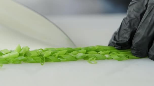 Cocina Corta Cebollas Verdes Con Cuchillo — Vídeos de Stock