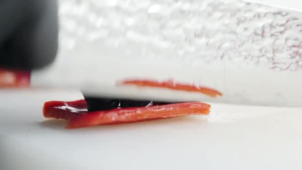 Cook Cuts Red Pepper Beautiful Knife — Stock Video