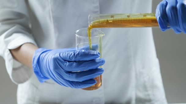 化学実験室のシーン 魅力的な若い博士課程の学生の科学者は ガラス管内のエンジンオイルや蜂蜜を観察 — ストック動画