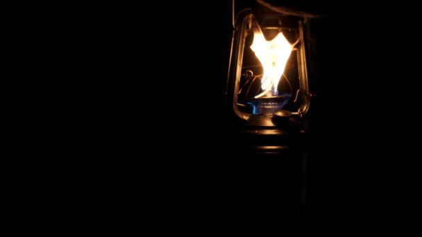 Man Walking Dark Corridor Oil Lamp — Stockvideo