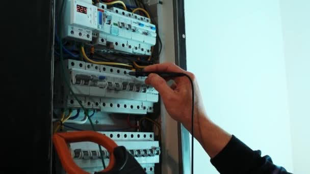 Gli Elettricisti Testano Corrente Elettrica Nel Pannello Controllo Tester Lavoro — Video Stock