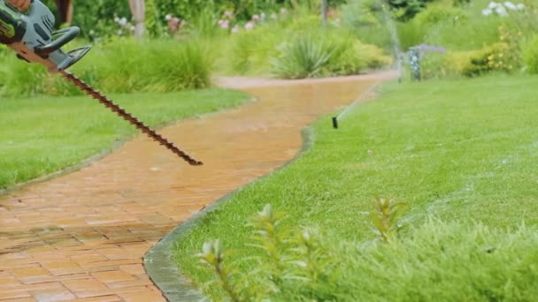 庭師は手に機器で庭を歩く 農村生活 果物栽培 園芸の概念 — ストック動画