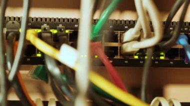 Ağ anahtarı ve ethernet kablosu raf dolabında. Ağ bağlantısı teknolojisi ve çalışma durumunu gösteren bir durum LED 'i var. Veri merkezine bağlı kabloları olan altyapı kavramı