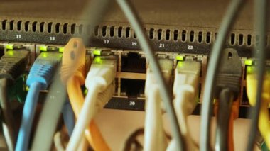 Ağ anahtarı ve ethernet kablosu raf dolabında. Ağ bağlantısı teknolojisi ve çalışma durumunu gösteren bir durum LED 'i var. Veri merkezine bağlı kabloları olan altyapı kavramı