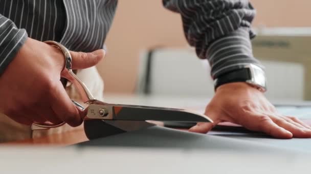 Die Finger Der Geschickten Näherin Halten Vorsichtig Tuch Und Schneiden — Stockvideo