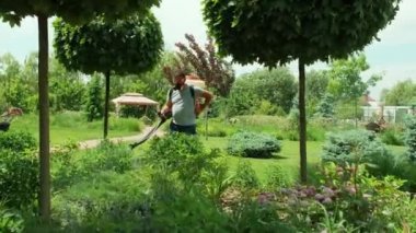 Ekolojik böcek ilacı sıkın. Çiftçi koruyucu maske, cam ağaçlar ve çalılarla dezenfekte ediyor. Zehirli böcek ilacı, böcek ilacı, böcek ilacı sıkan bir adam. Bahçıvanın bir bahçesi var.