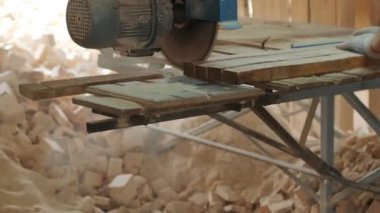 Ahşap üretim fabrikasındaki kesilen çam ağacı kütüğünün yakınına. Kereste fabrikasında kereste işleme ve kesme. Kereste fabrikasında üretim süreci. Elektrik makinesinde odun kesiyorum.