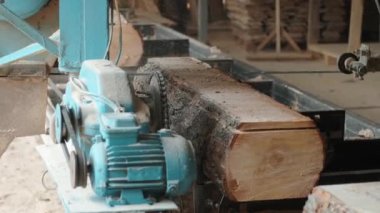 Ahşap üretim fabrikasındaki kesilen çam ağacı kütüğünün yakınına. Kereste fabrikasında kereste işleme ve kesme. Kereste fabrikasında üretim süreci. Elektrik makinesinde odun kesiyorum.