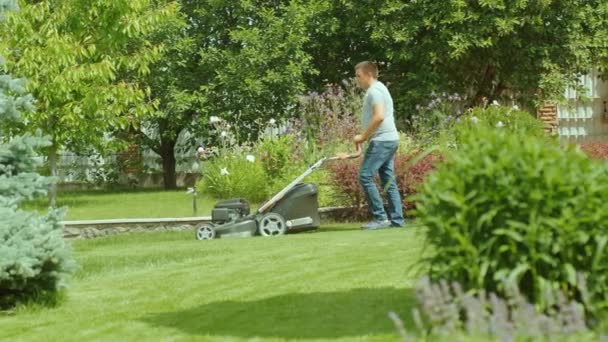 잔디를 잔디깎는 잔디깎는 정원가꾸기 정원에 운전하는 잔디깎는 기계로 잔디깎기 정원사 — 비디오