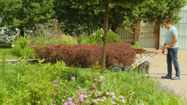 Cortador Relva Cortar Relva Actividade Jardinagem Corte Grama Com Cortador — Vídeo de Stock