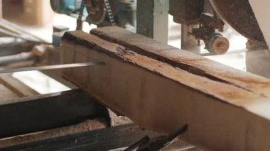 Tahta üretim fabrikasında testere makinesi. Kereste fabrikasında kereste işleme ve kesme. Kereste fabrikasında üretim süreci. Elektrikli makinede odun kesiyorum. CNC makinesi