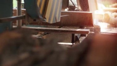 Tahta üretim fabrikasında testere makinesi. Kereste fabrikasında kereste işleme ve kesme. Kereste fabrikasında üretim süreci. Elektrikli makinede odun kesiyorum. CNC makinesi