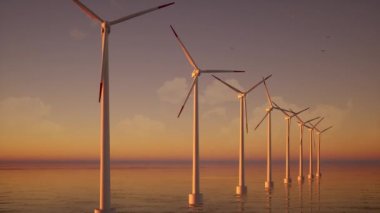 Gün batımında deniz aşırı rüzgar türbinlerinin 3 boyutlu animasyonu. Rüzgar Çiftliği, yenilenebilir enerji.