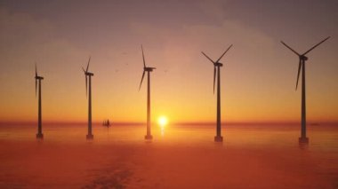 Gün batımında deniz aşırı rüzgar türbinlerinin 3 boyutlu animasyonu. Rüzgar Çiftliği, yenilenebilir enerji.