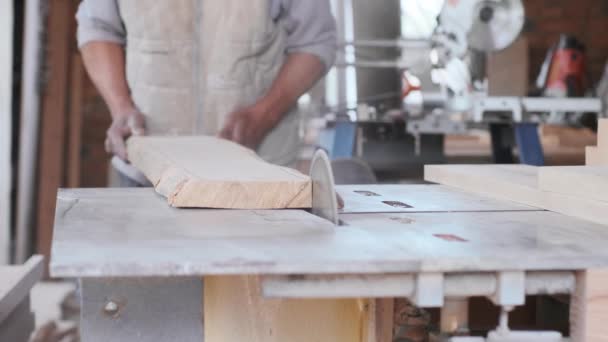 Trabajos Carpintería Con Madera Sierra Circular Taller — Vídeos de Stock