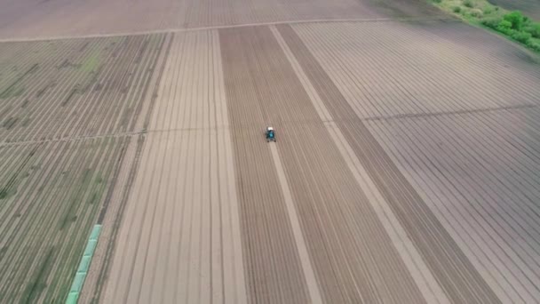 現場に灌漑システムを設置する 現場で働くトラクターの空中映像 ニンジンの植え — ストック動画