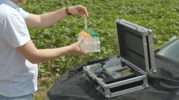 Asistente Laboratorio Que Realiza Investigaciones Sobre Plantas Campo — Vídeos de Stock