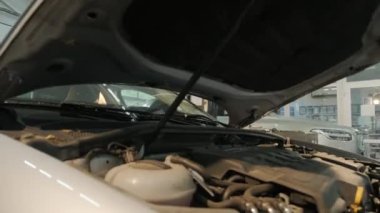 Araba tamircisi kaputu açıp motoru inceliyor. Tamirci açık kaputun altında araba tamir ediyor. Tamir atölyesinde çalışan otomobil servisi çalışanı. Araba servisi merkezi..